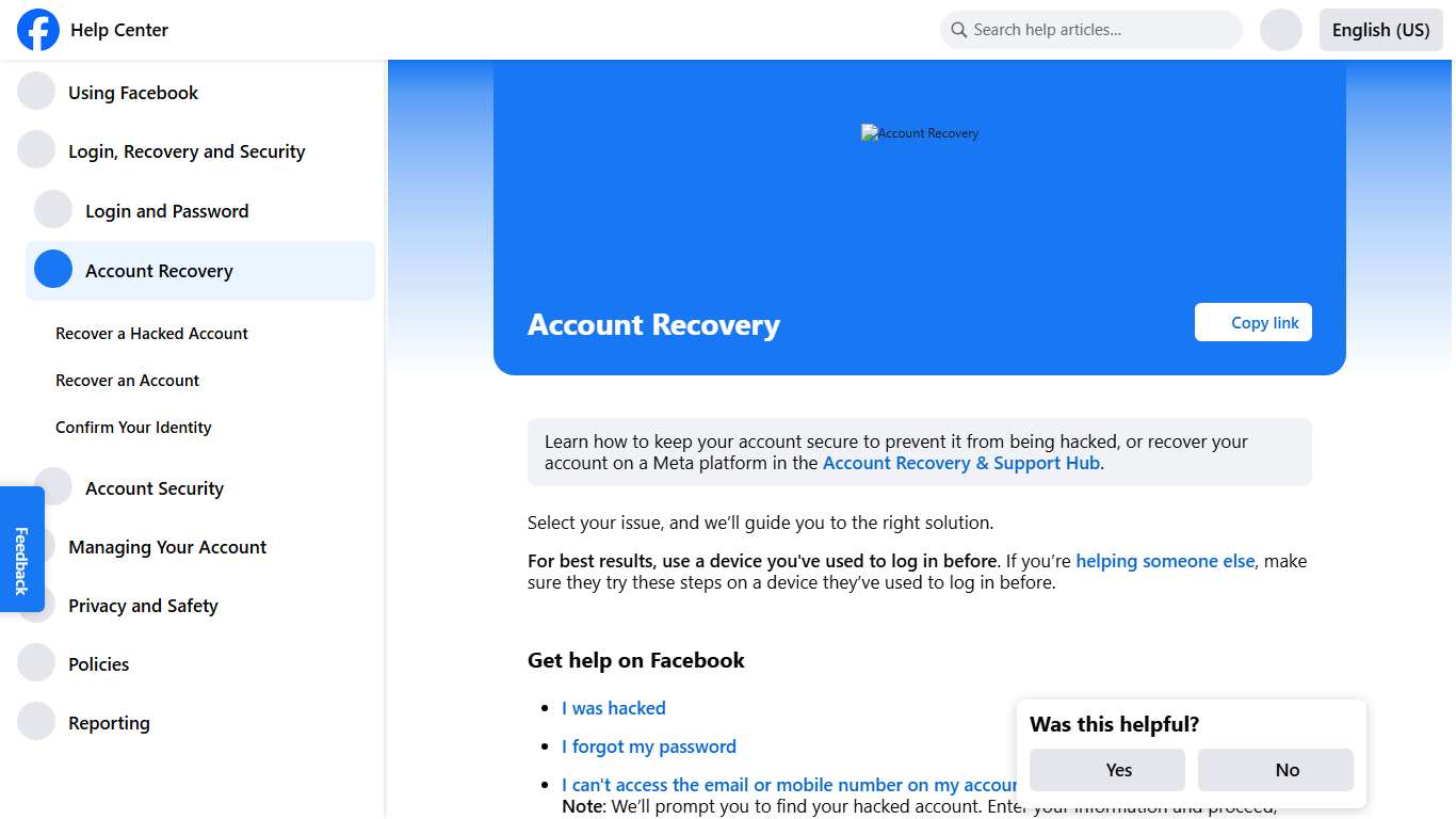 Account Recovery | Facebook Help Center