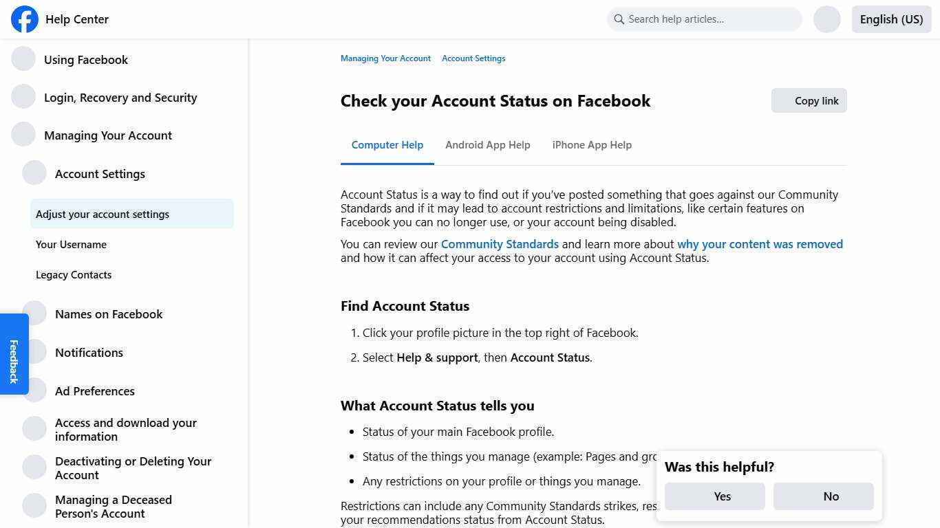 Check your Account Status on Facebook | Facebook Help Center